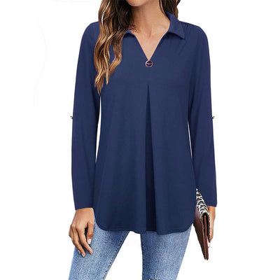Roll-up Sleeve Lapel V Neck Office Tunic freeshipping - Timeson