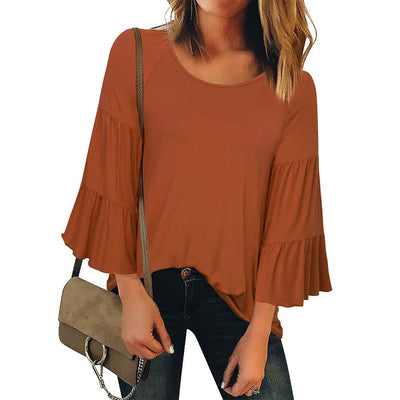 Bell Sleeve Scoop Neck Flowy Blouse freeshipping - Timeson