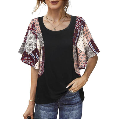 Classic Floral Short Sleeve Patchwork Scoop Neck Casual Top freeshipping - Timeson